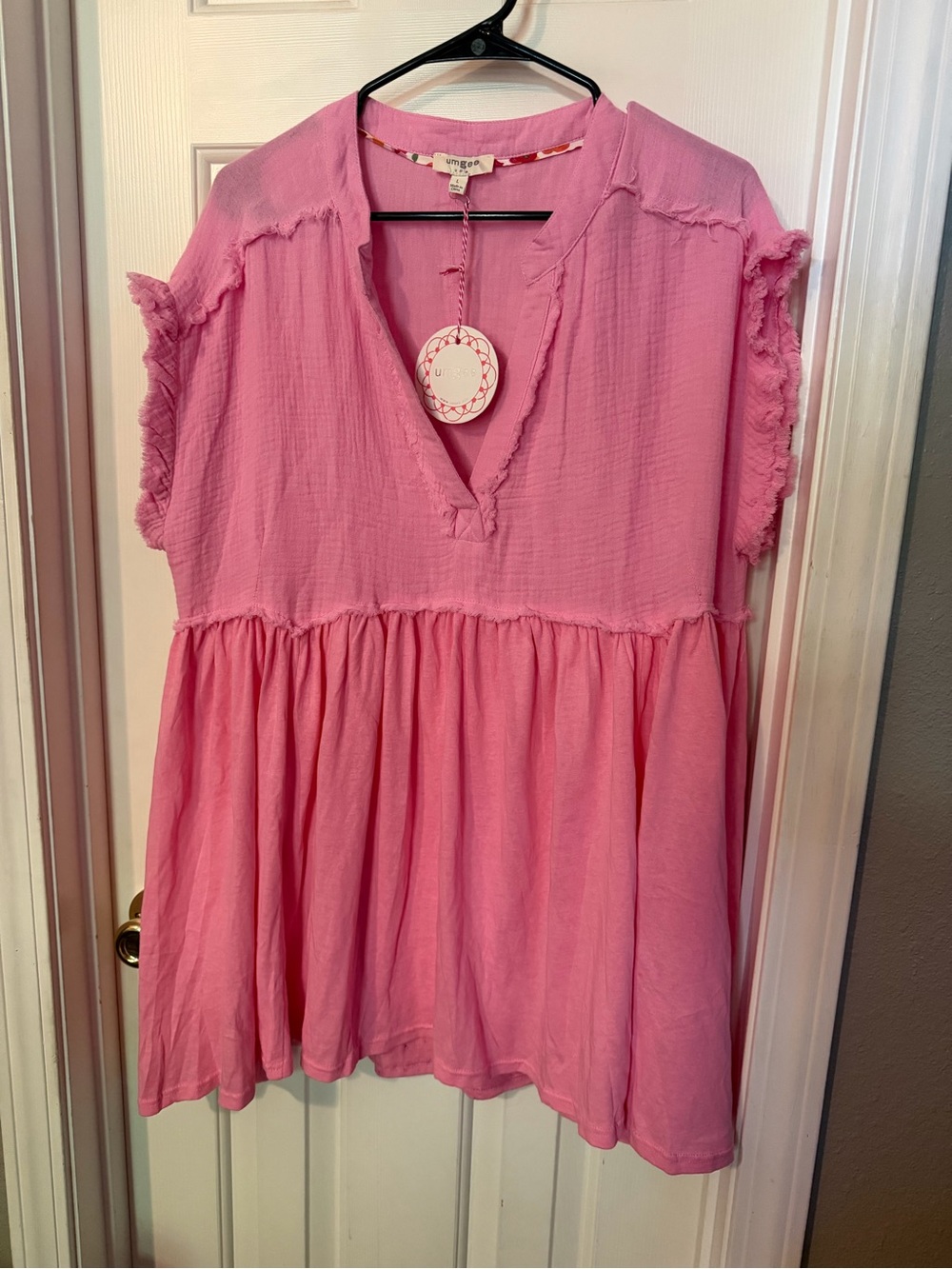 Umgee Pink Ruffled Sleeve V-Neck Oversized Tunic